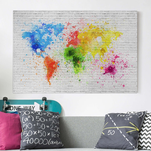 Ebern Designs Leinwandbild Wei E Backsteinwand Weltkarte Wayfair De